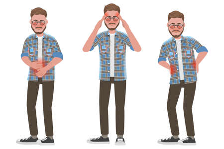 Set of Sick Man with Pain in Different Parts of the Body.のイラスト素材