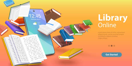 Mobile Library, Reading Books Online, Distance Education. 3D Isometric Flat Vector Illustration.のイラスト素材