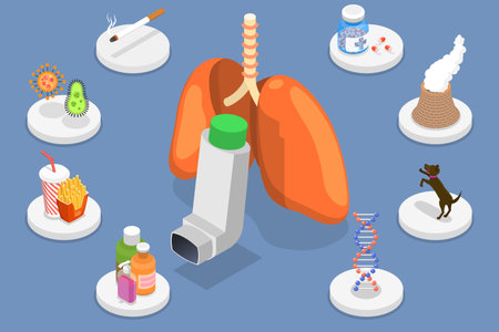 3D Isometric Flat Vector Conceptual Illustration of Bronchial Asthma Causes