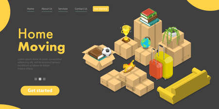 3D Isometric Vector Landing Page Template of House Moving and Relocation Service.のイラスト素材