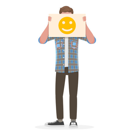 Man Holding an Happy Emoji Sign in Front of His Face.のイラスト素材