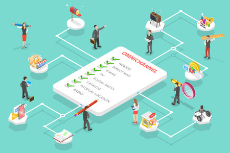 3D Isometric Flat Vector Conceptual Illustration of Omnichannel, Several Communication Channels Between Seller and Customer, Digital Marketing, Cross-Channel.のイラスト素材
