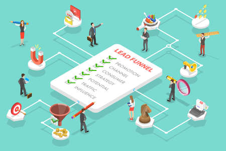 3D Isometric Flat Vector Conceptual Illustration of Lead Generation Marketing Strategy. Process of Conversion Rate Optimization and Generating Business Leadsのイラスト素材