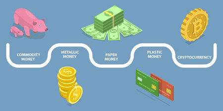 3D Isometric Flat Vector Conceptual Illustration of Money Evolution From Barter to Cryptocurrencyのイラスト素材