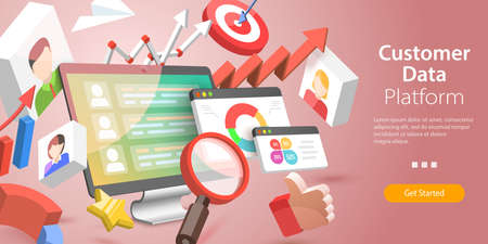 3D Isometric Flat Vector Conceptual Illustration of Customer Data Platform, Customer Relationship Management, Client Databaseのイラスト素材