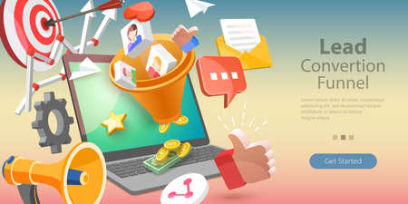 3D Isometric Flat Vector Conceptual Illustration of Lead Covertion Funnel, Increasing Conversion Rate Marketing Strategyのイラスト素材