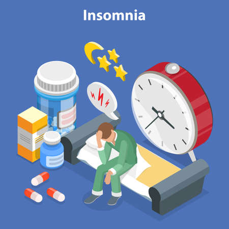 3D Isometric Flat Vector Conceptual Illustration of Insomnia, Stress, Depression and Sleeping Problemsのイラスト素材