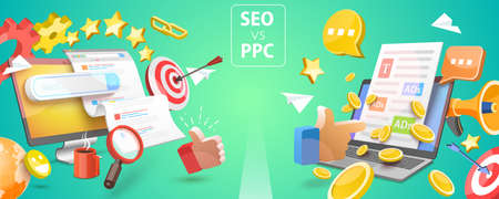 3D Vector Conceptual Illustration of SEO Vs PPC, Comparison Pay Per Click and Search Engine Optimization Marketingのイラスト素材