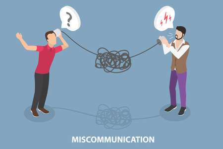 3D Isometric Flat Vector Conceptual Illustration of Miscommunication, Communication Barriers in Conversation Between Peopleのイラスト素材