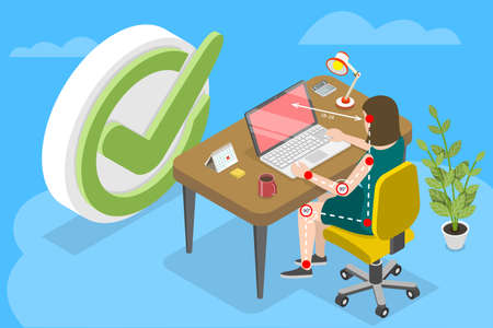 3D Isometric Flat Vector Conceptual Illustration of Ergonomically Correct Workstation, Proper Sitting Posture at a Computerのイラスト素材