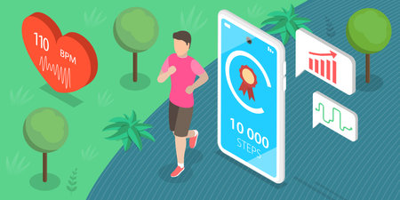 3D Isometric Flat Vector Conceptual Illustration of Step Counter, Sport Tracker Appのイラスト素材