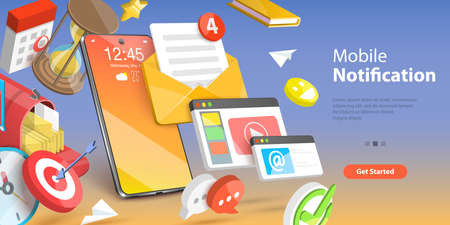 3D Vector Conceptual Illustration of Mobile Notification, Alarm Clock or Reminder Messageのイラスト素材
