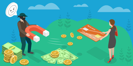 3D Isometric Flat Vector Conceptual Illustration of Bank Card Fraud, Cybercrime and Online Money Stealingのイラスト素材