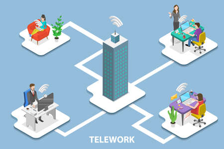 3D Isometric Flat Vector Conceptual Illustration of Telework, Remote Work and Global Outsourcingのイラスト素材