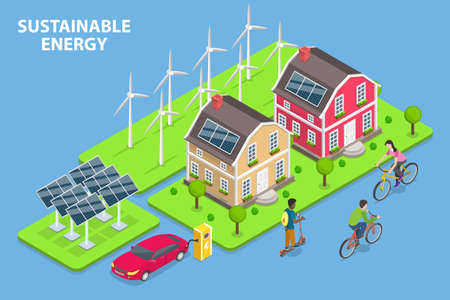3D Isometric Flat Vector Conceptual Illustration of Sustainable Energy, Innovative Green Technologiesのイラスト素材