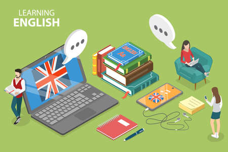 3D Isometric Flat Vector Conceptual Illustration of Learning English, Language Internet Coursesのイラスト素材