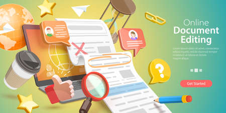 3D Vector Conceptual Illustration of Online Document Editing, Collaborative Project Managingのイラスト素材