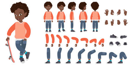 Flat Vector Conceptual Illustration of Cute African American Kid Boy with Skateboard, Cartoon Character Set For Animation, Various Views, Poses and Gesturesのイラスト素材