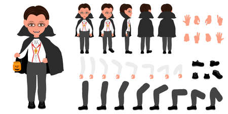 Flat Vector Illustration of Kid Boy Wearing a Dracula Halloween Costume, Cartoon Character Set For Animation, Various Views, Poses and Gesturesのイラスト素材