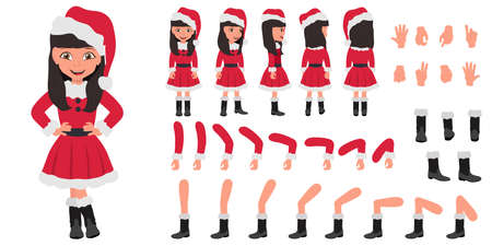 Flat Vector Conceptual Illustration of Kid Girl Wearing Santa Costume, Cartoon Character Set For Animation, Various Views, Poses and Gesturesのイラスト素材