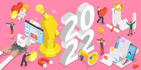 3D Isometric Flat Vector Conceptual Illustration of New Year Blogging Trends, Commercial Blog Postingのイラスト素材