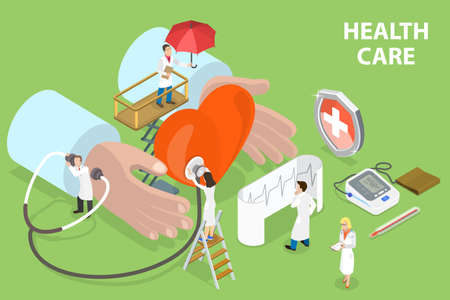 3D Isometric Flat Vector Conceptual Illustration of Healthcare, Maintenance or Improvement of health via the Prevention, Diagnosis and Treatmentのイラスト素材