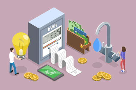 3D Isometric Flat Vector Conceptual Illustration of Water And Electricity Consumption Expenses, Household Utilitiesのイラスト素材