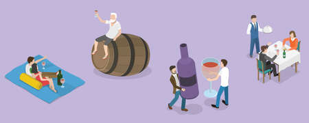 3D Isometric Flat Vector Conceptual Illustration of Wine Drinking, Set of Scenes of Cheerful Wine-loversのイラスト素材