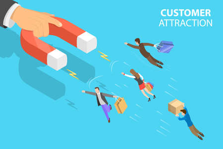 3D Isometric Flat Vector Conceptual Illustration of Customer Attraction, Client Retention Strategy, Digital Inbound Marketingのイラスト素材