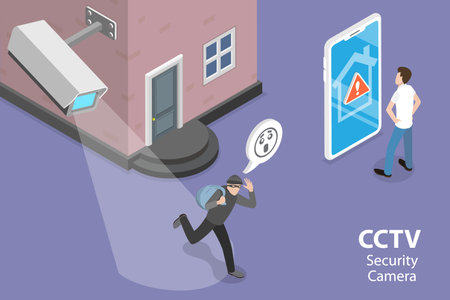 3D Isometric Flat Vector Conceptual Illustration of CCTV Security Camera, Criminal and Thief Crime...
