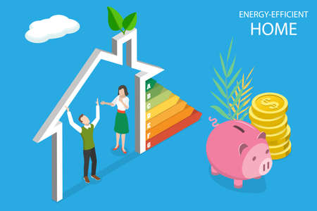 3D Isometric Flat Vector Conceptual Illustration of Energy-Efficient Home, Eco Friendly House Diagramのイラスト素材