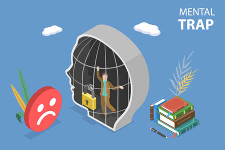 3D Isometric Flat Vector Conceptual Illustration of Mental Trap, Young Sad Man Locked in the Cage of His Mindのイラスト素材