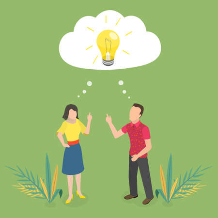 3D Isometric Flat Vector Conceptual Illustration of Happy Couple Having An Idea, Make Cooperative Solutionのイラスト素材
