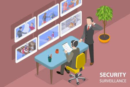 3D Isometric Flat Vector Conceptual Illustration of Security Surveillance, Guard Watching a Video From Supermarket Monitoring Systemのイラスト素材