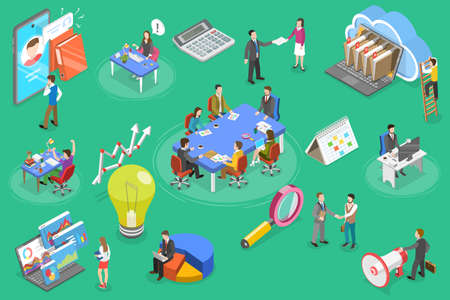 3D Isometric Flat Vector Conceptual Illustration of Office Working Environment, Teamwork and Collaborationのイラスト素材