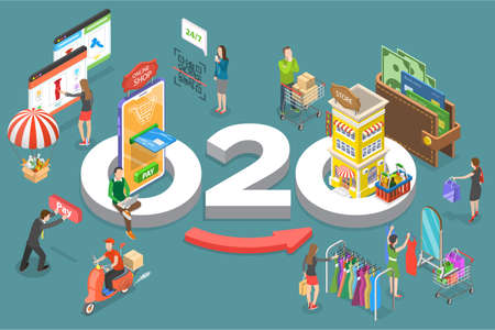 3D Isometric Flat Vector Conceptual Illustration of O2O commerce, Online to Offline Business Strategyのイラスト素材