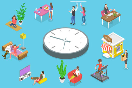3D Isometric Flat Vector Conceptual Illustration of Female Daily Routine, Waking up, Doing Yoga,...