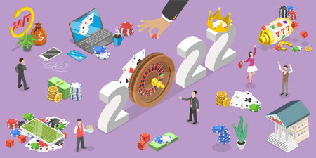 3D Isometric Flat Vector Conceptual Illustration of New Year and Online Casino Industry Trends,...