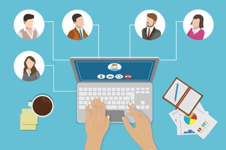 Flat Vector Conceptual Illustration of Remote Work, Distributed Professional Business Teamのイラスト素材