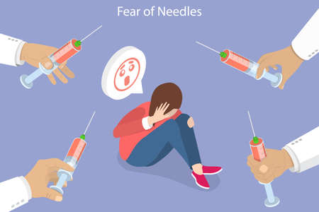 3D Isometric Flat Vector Conceptual Illustration of Fear Of Needles, Patient is Afraid of Injection and Syringeのイラスト素材