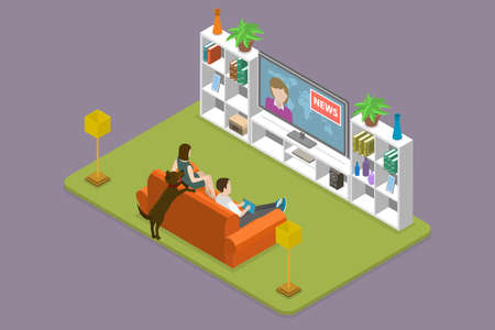 3D Isometric Flat Vector Conceptual Illustration of Watching News, A Couple Spending Time in Front of TV Screenのイラスト素材