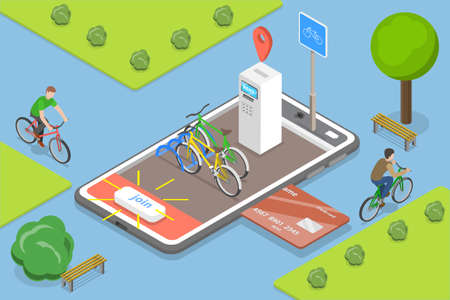 3D Isometric Flat Vector Conceptual Illustration of Bike Rental, City Bicycle Sharing Mobile Serviceのイラスト素材