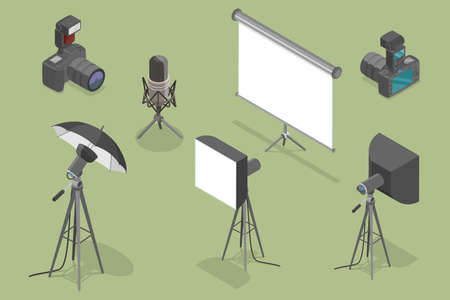 3D Isometric Flat Vector Conceptual Illustration of Video Production Equipment, Professional Photo Studio Hardwareのイラスト素材