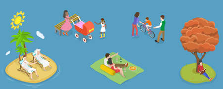 3D Isometric Flat Vector Conceptual Illustration of Set of Leisure Outdoor Scenes, Healthy Family Activitiesのイラスト素材