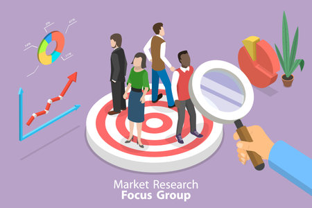 3D Isometric Flat Vector Conceptual Illustration of Market Research Focus Group, Digital Marking...