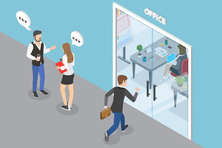 3D Isometric Flat Vector Conceptual Illustration of Office Entrance, Employees are Talking and Walking Near the Office Glass Doorのイラスト素材