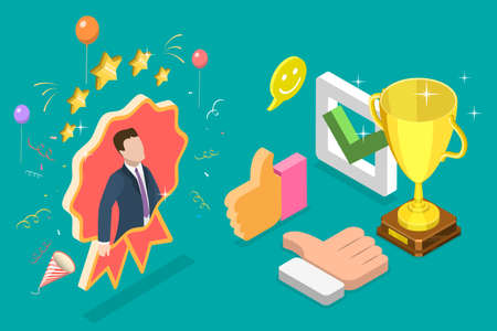 3D Isometric Flat Vector Conceptual Illustration of Employee Recognition Award, Congratulation to the Best Workerのイラスト素材
