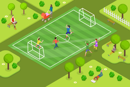 3D Isometric Flat Vector Conceptual Illustration of Childrens Soccer, Kid Outdoor Activities in Summerのイラスト素材