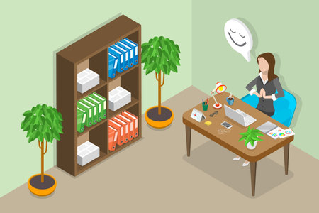 3D Isometric Flat Vector Conceptual Illustration of Desk Yoga, Meditating to Concentrate at Officeのイラスト素材