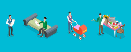 3D Isometric Flat Vector Conceptual Illustration of Gender Equality, Dad on Maternity Leaveのイラスト素材